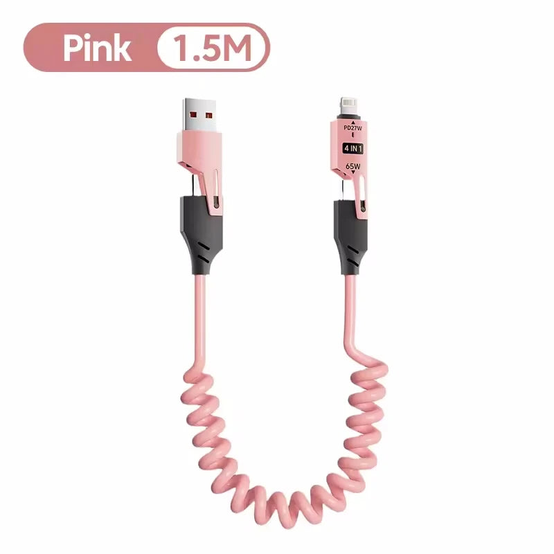 65W 4-in-1 Spring Charging Cable- USB Type-C & Lightning