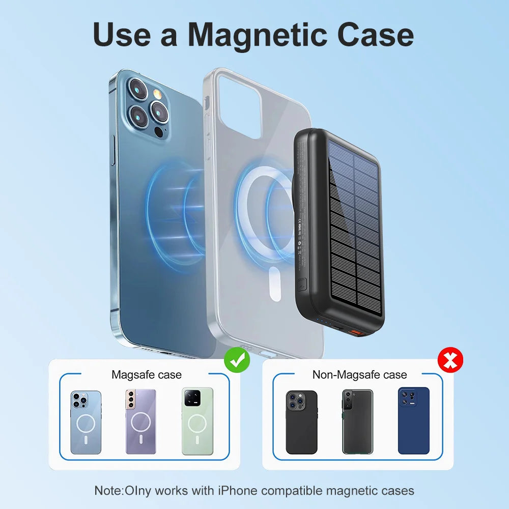 10,000mAh Solar MagSafe Power Bank- Fast Wireless Charging + USB-C