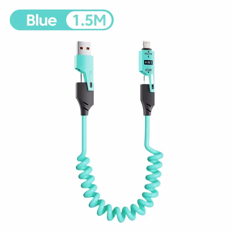 65W 4-in-1 Spring Charging Cable- USB Type-C & Lightning