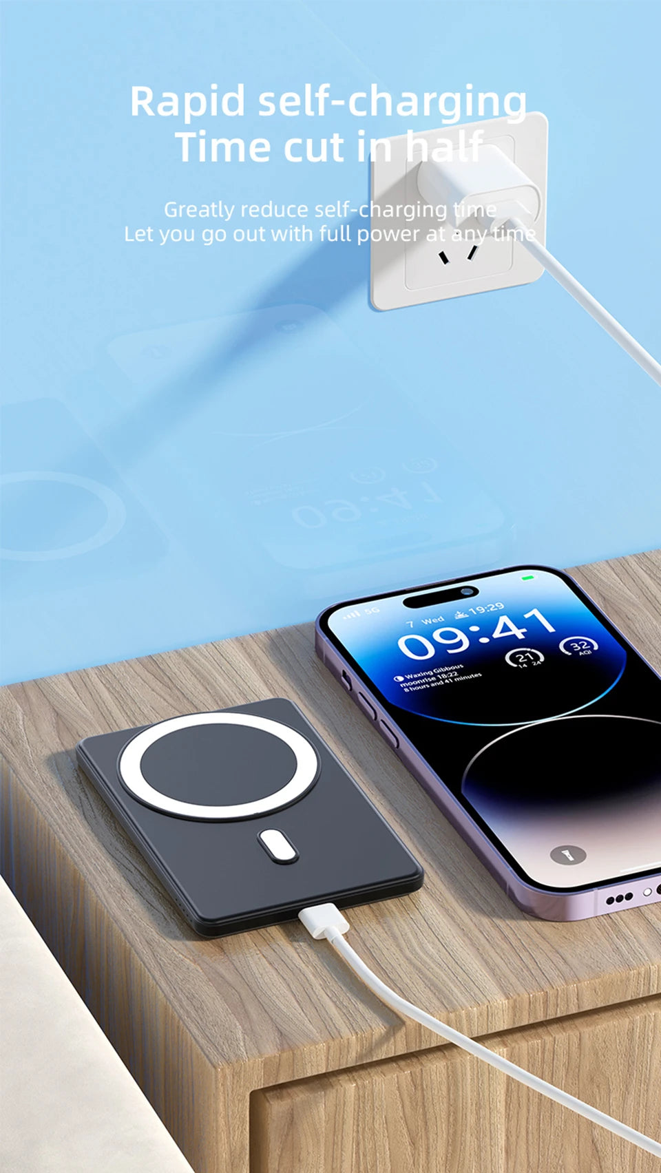 Slim 5000mAh MagSafe Power Bank- 15W Wireless Charging