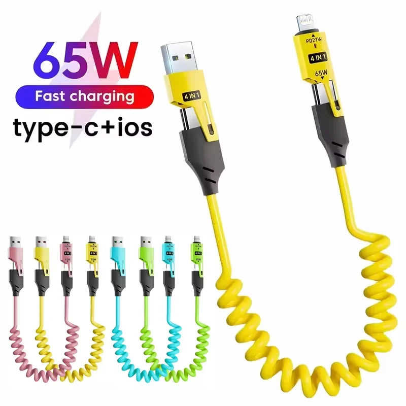 65W 4-in-1 Spring Charging Cable- USB Type-C & Lightning